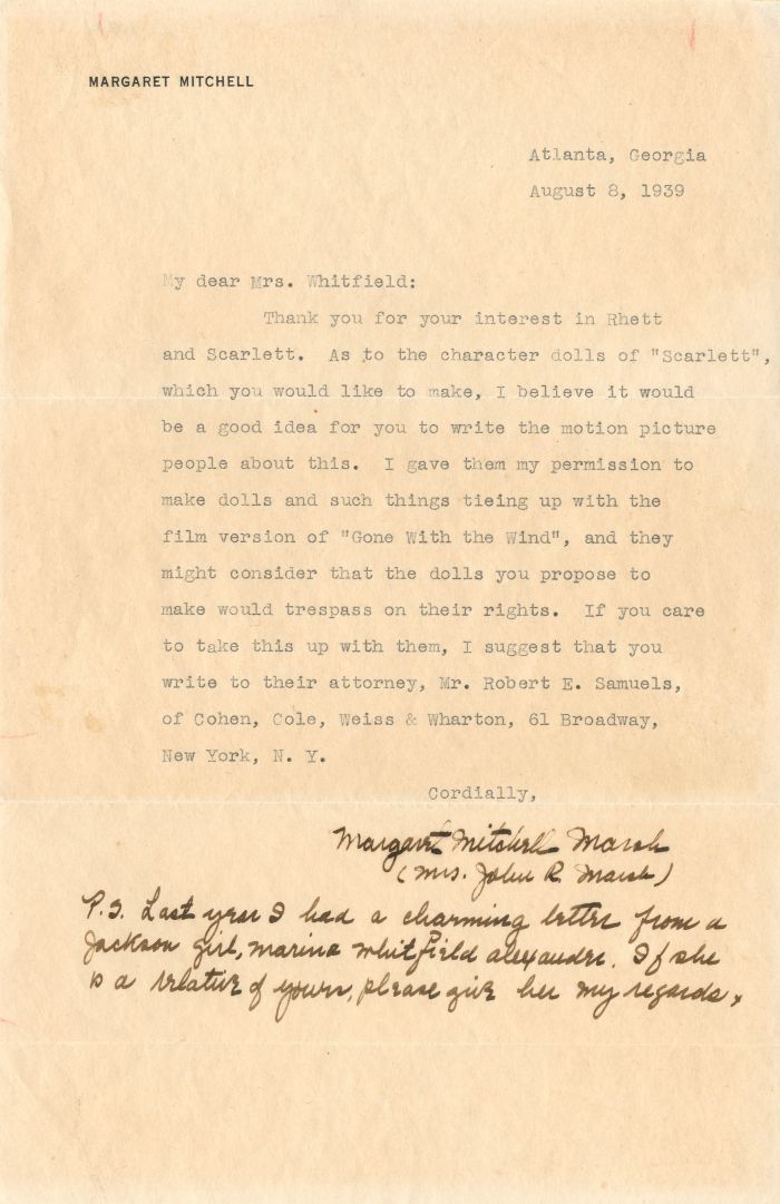 Margaret Mitchell Marsh signed letter