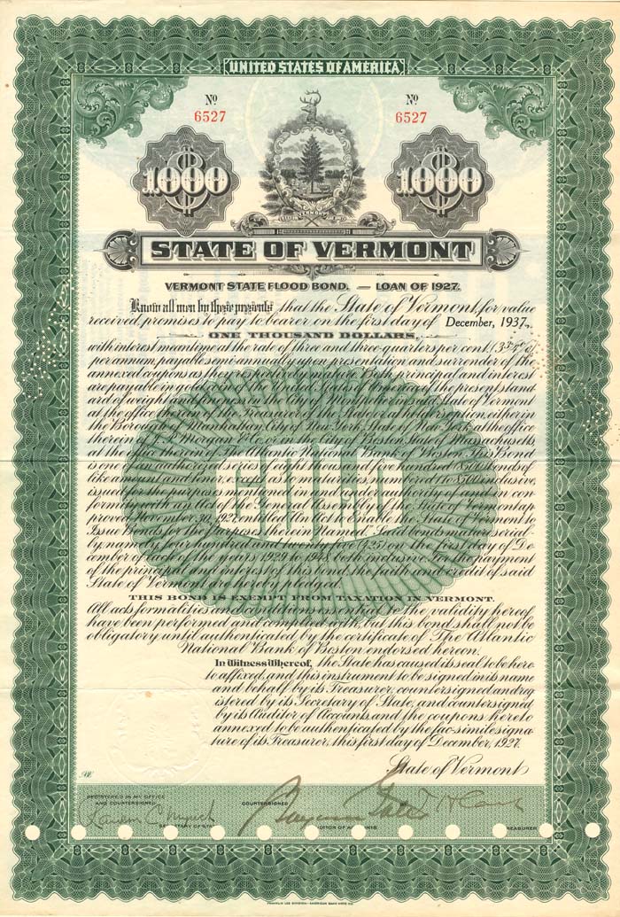 State of Vermont - $1,000 Bond