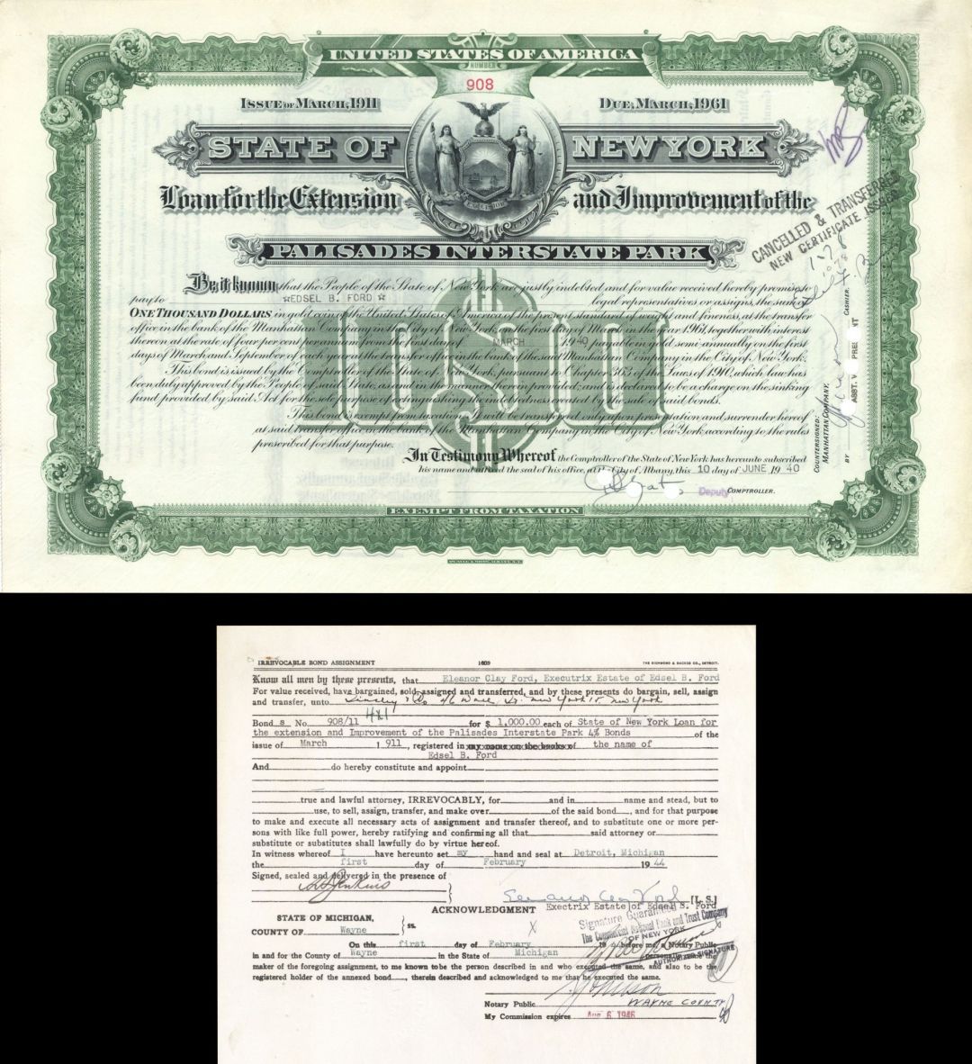 State of New York Issued to Edsel B. Ford - $1,000 1940 dated Bond