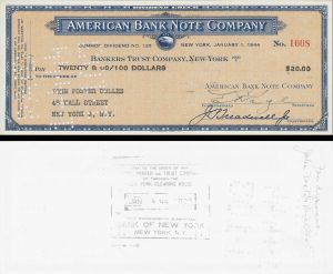 American Bank Note Company Check signed by John Foster Dulles - American Bank Note Company