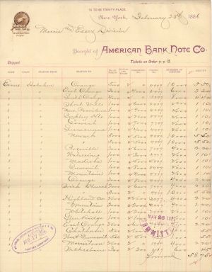 American Bank Note Co. Railroad Ticket Order  - 1886 dated American Bank Note Company