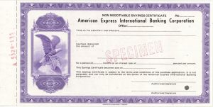 American Express International Bank Corp. Savings Certificate - American Bank Note Specimen