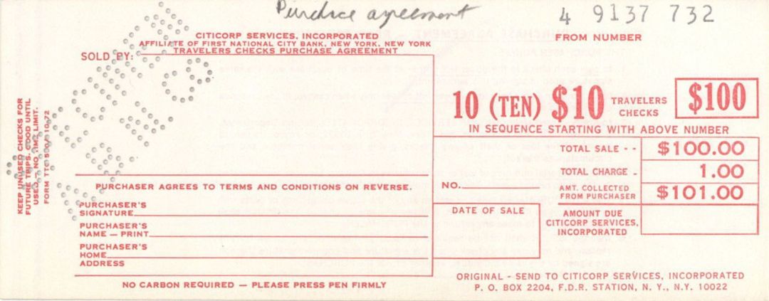 Purchase Agreement for Travelers Cheque - American Bank Note Specimen