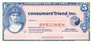 Consumers' Friend Inc. - dated 1973 American Bank Note Specimen - Loss of Paper at Top and Right Edge - Like a Gift Certificate