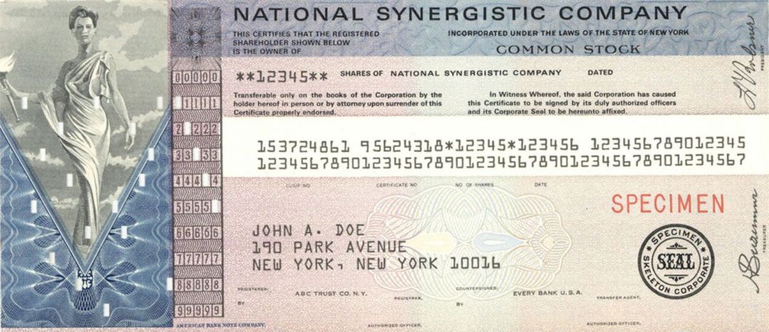 National Synergistic Company Stock - American Bank Note Specimen