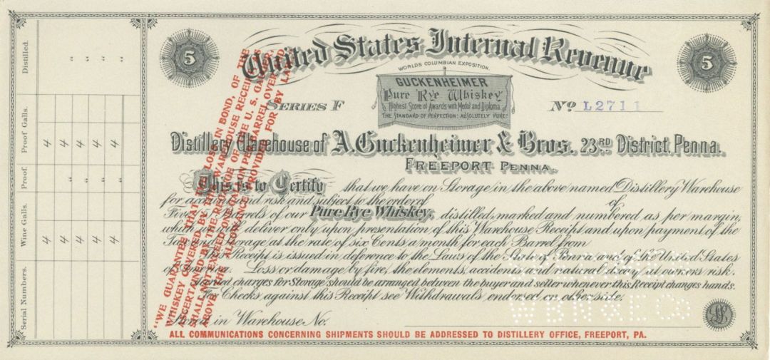 United States Internal Revenue Certificate - American Bank Note Specimen