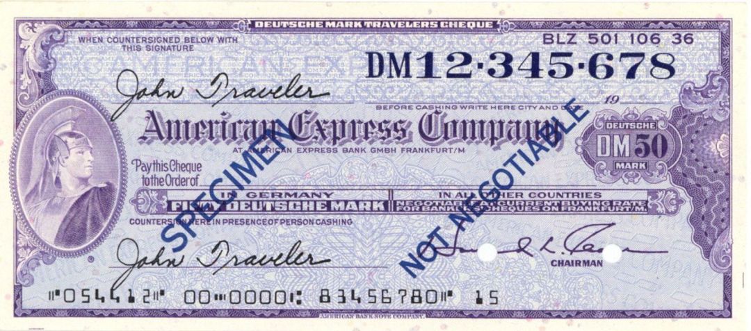 German American Express Company Travellers Cheque/Check - 50 Marks - American Bank Note Specimen Checks