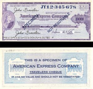 Japan American Express Company Travellers Cheque/Check - 10,000 Yen - American Bank Note Specimen Checks