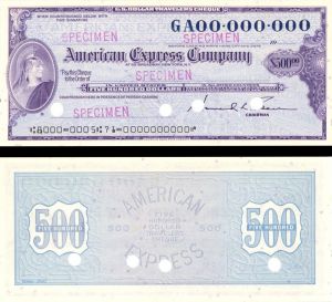 United States American Express Company - Various Denominations - American Bank Note Specimen Checks
