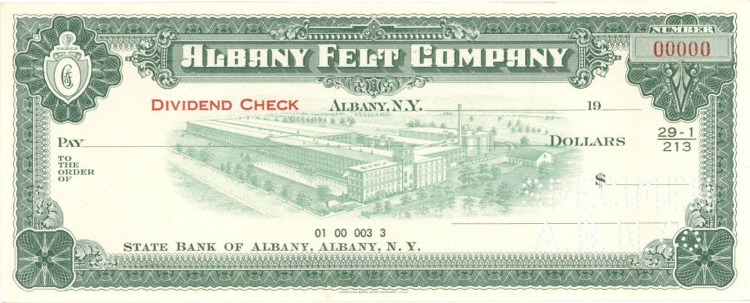 Albany Felt Co. - American Bank Note Company Specimen Checks