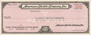 American Electric Co. Inc. - American Bank Note Company Specimen Checks