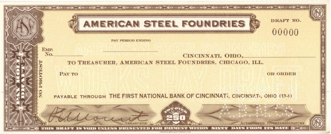 American Steel Foundries - American Bank Note Company Specimen Checks