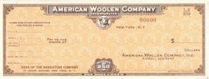 American Woolen Co. Inc. - American Bank Note Company Specimen Check