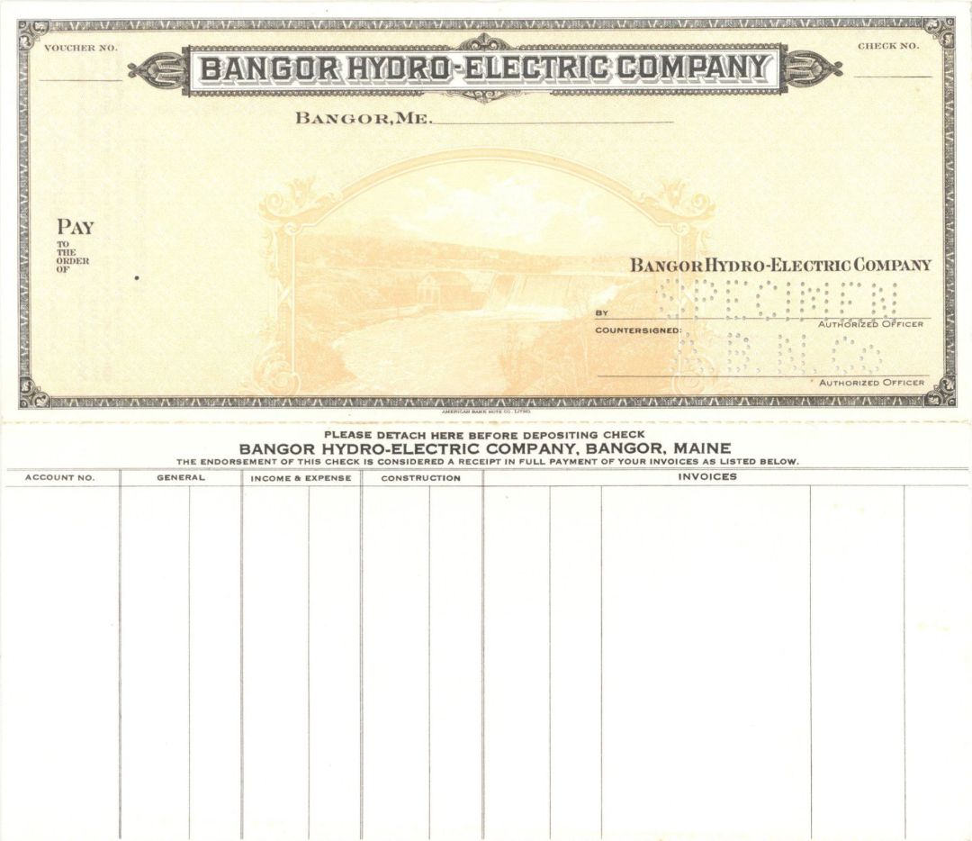 Bangor Hydro-Electric Co. - American Bank Note Company Specimen Checks