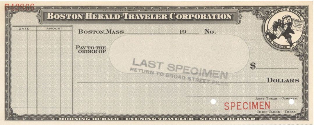 Boston Herald-Traveler Corp. - American Bank Note Company Specimen Checks