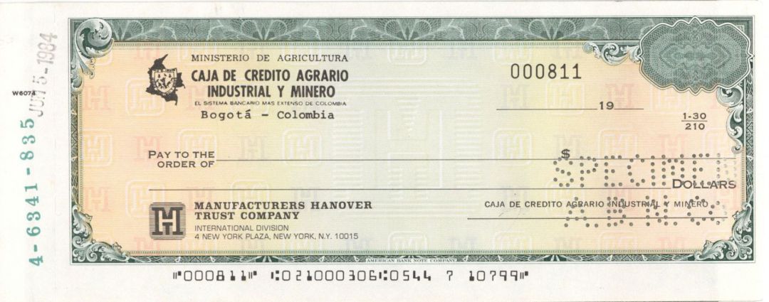 Caja De Credito Agrario Industrial Y Minero - American Bank Note Company Specimen Check