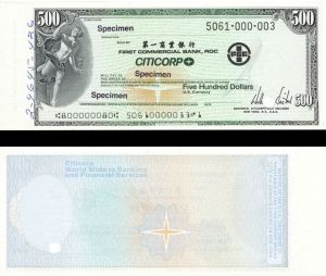 Citicorp $500, 100 or 20 Denomination - American Bank Note Company Specimen Checks