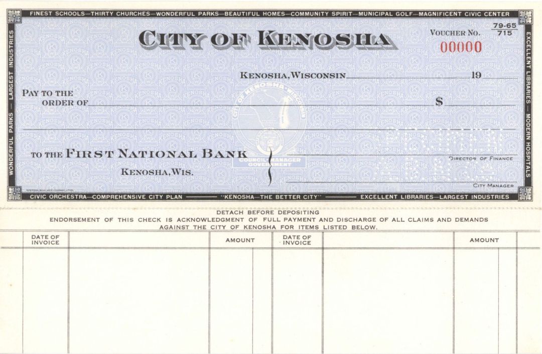 City of Kenosha - American Bank Note Company Specimen Checks