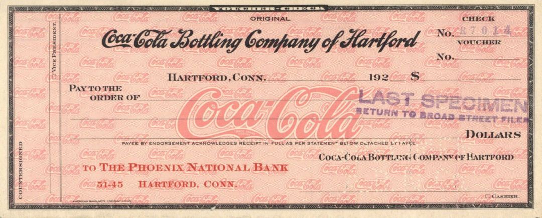 Coca-Cola Bottling Company of Hartford - American Bank Note Company Specimen Checks