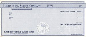 Continental Screw Company - American Bank Note Company Specimen Checks