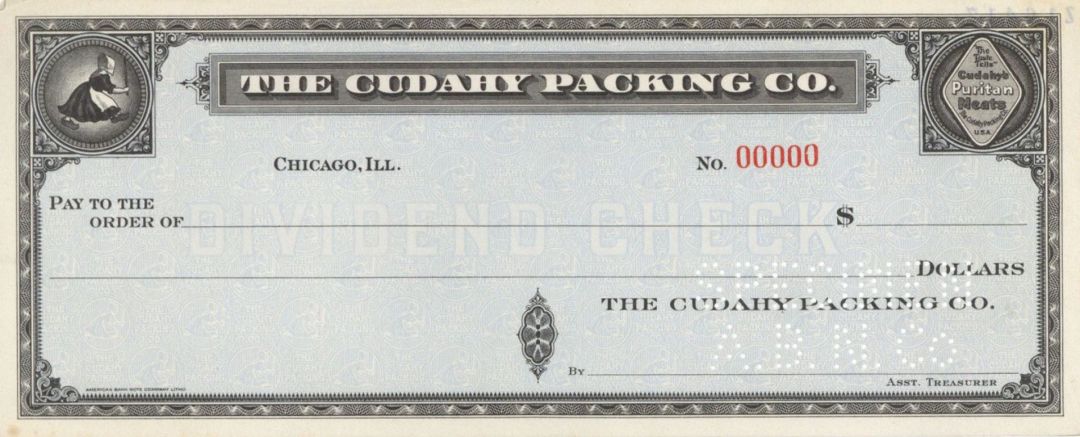 Cudahy Packing Co. - American Bank Note Company Specimen Checks