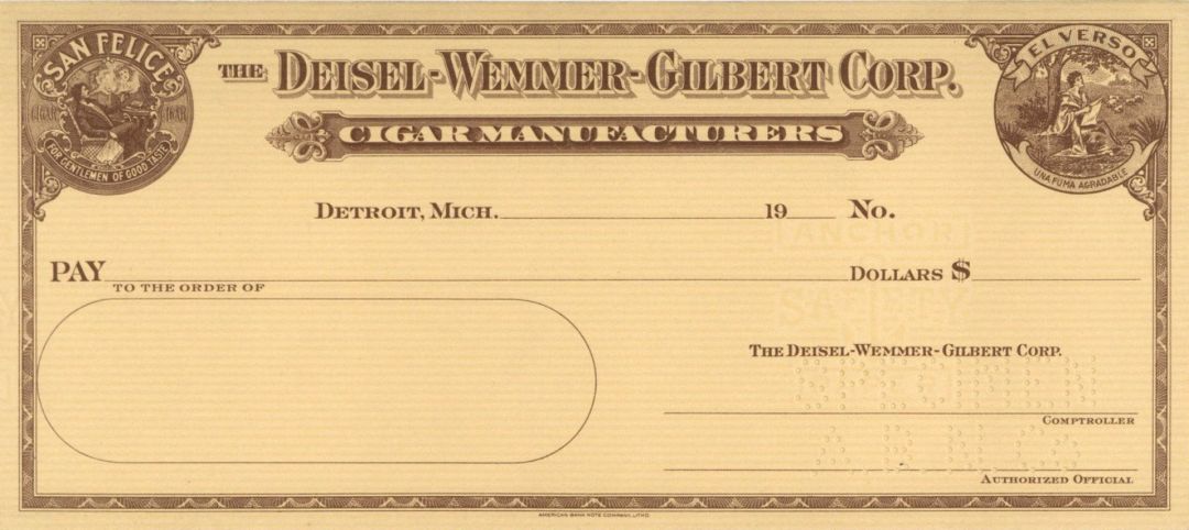 Deisel-Wemmer-Gilbert Corp. - American Bank Note Company Specimen Checks