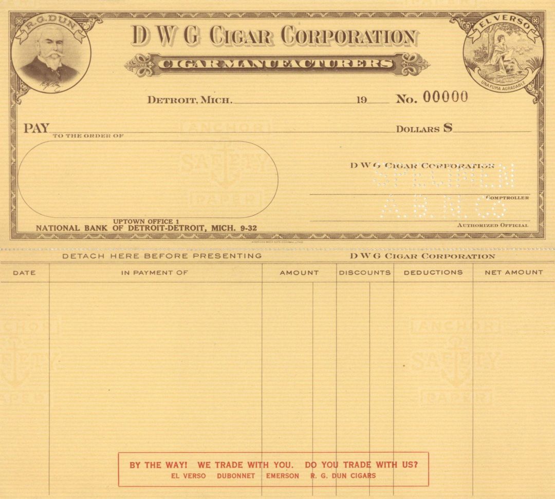 D W G Cigar Corp. - American Bank Note Company Specimen Checks