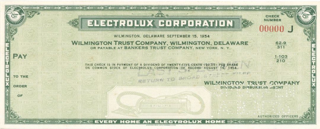 Electrolux Corp. - American Bank Note Company Specimen Checks