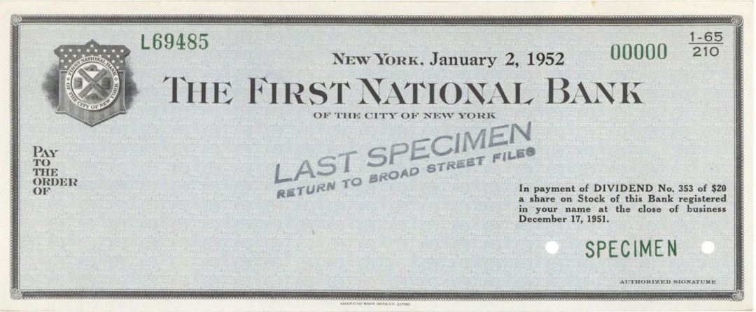 First National Bank of the City of New York - American Bank Note Company Specimen Checks