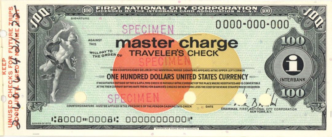 $100 Dollar - First National City Bank of New York - Later known as Citibank - American Bank Note Company Specimen Check