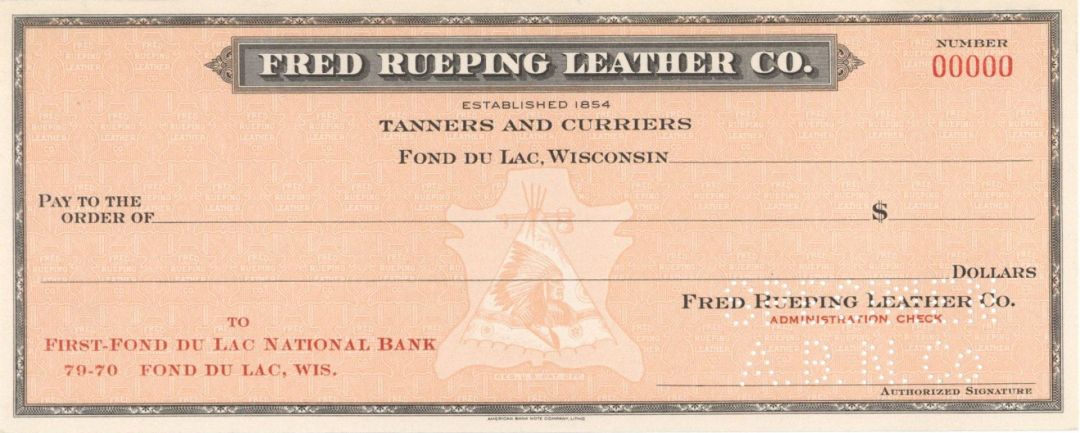 Fred Rueping Leather Co. - American Bank Note Company Specimen Check