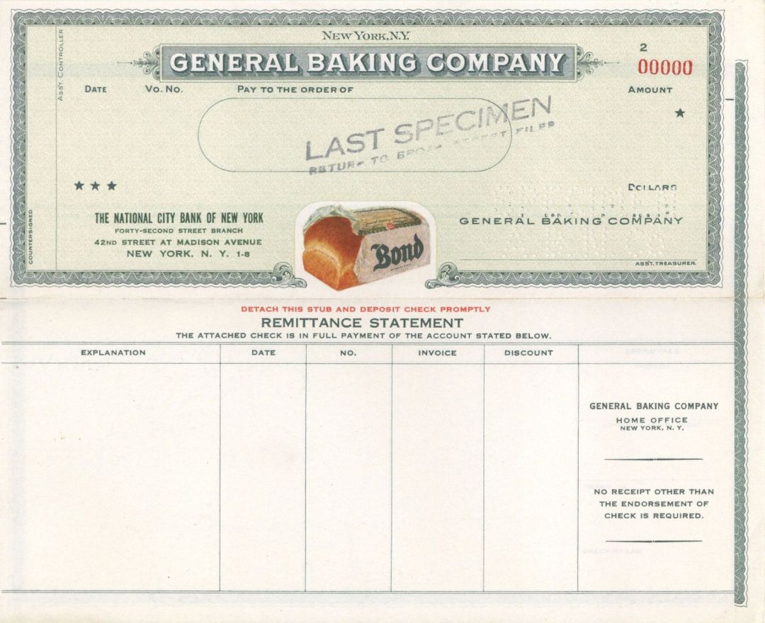 General Baking Co. - American Bank Note Company Specimen Checks