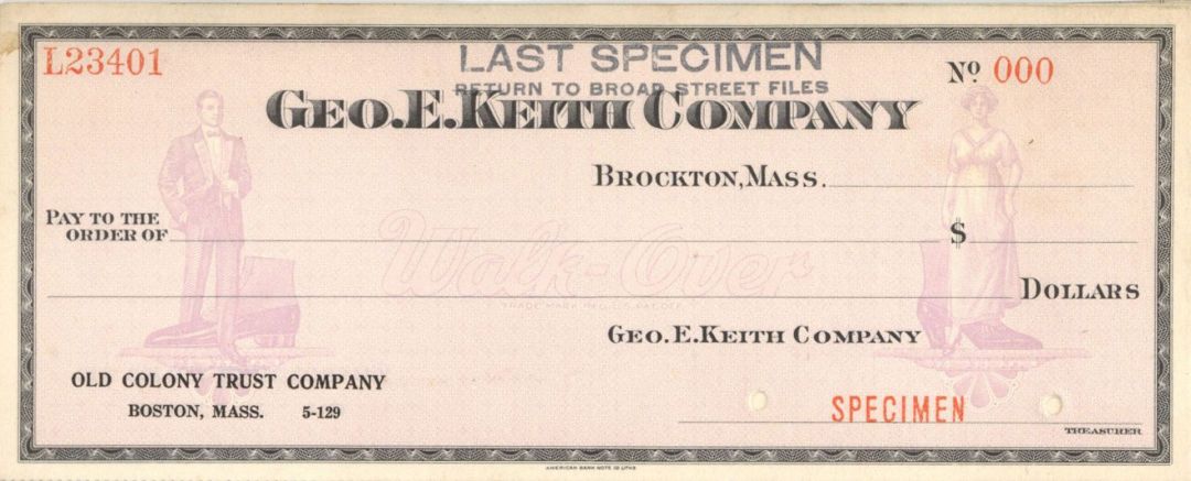 Geo. E. Keith Co. - American Bank Note Company Specimen Checks