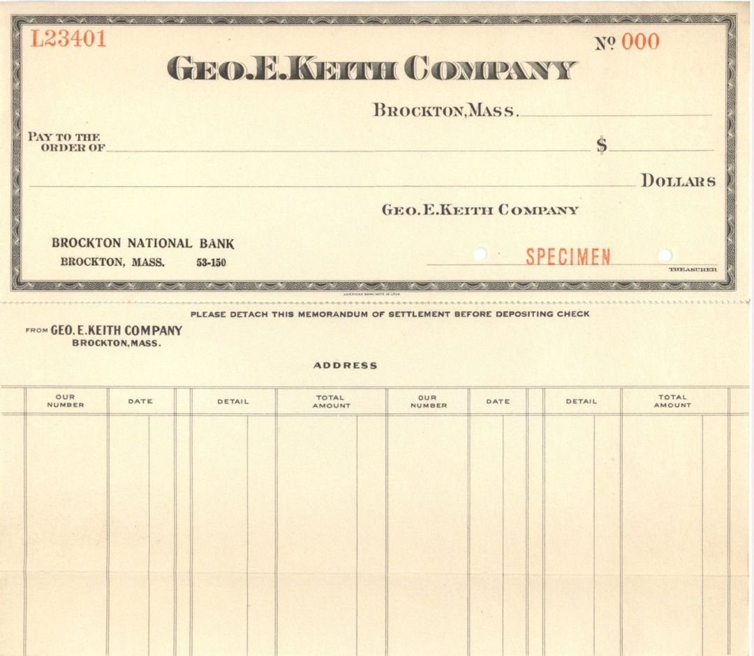 Geo. E. Keith Co. - American Bank Note Company Specimen Checks