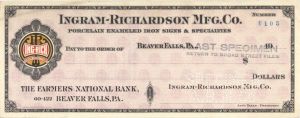 Ingram-Richardson Manufacturing Co. - American Bank Note Company Specimen Check