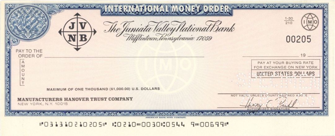 Juniata Valley National Bank - American Bank Note Company Specimen Checks