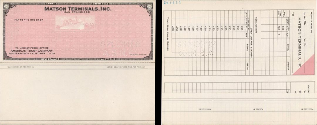 Matson Terminals, Inc. -  American Bank Note Company Specimen Check