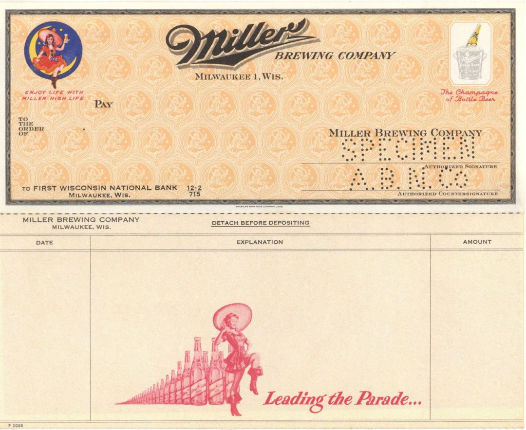 Miller Brewing Co. - American Bank Note Company Specimen Check - American Brewery