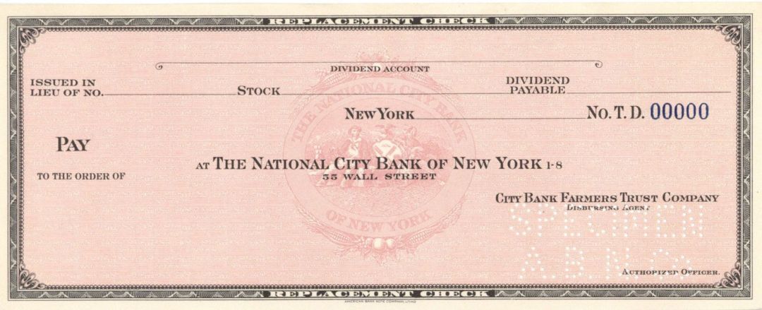 National City Bank of New York - American Bank Note Company Specimen Check