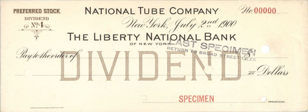 National Tube Co. - American Bank Note Company Specimen Checks