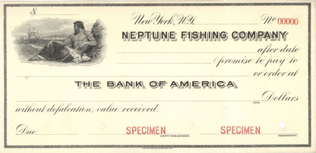 Neptune Fishing Co. - American Bank Note Company Specimen Checks