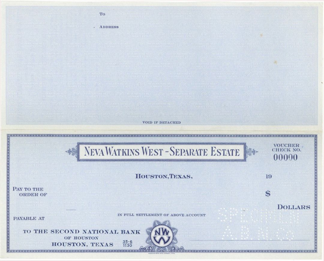 Neva Watkins West - Separate Estate - American Bank Note Company Specimen Checks