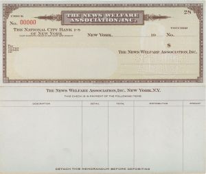 News Welfare Association, Inc. - 1900's dated American Bank Note Company Specimen Check