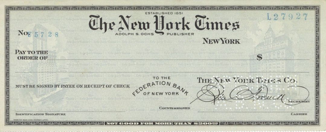 New York Times - American Bank Note Company Specimen Checks