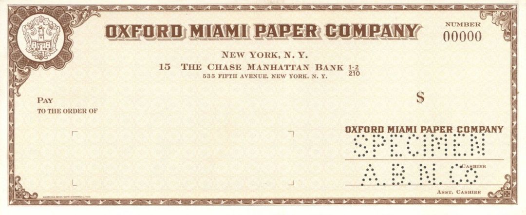 Oxford Miami Paper Co. - American Bank Note Company Specimen Checks