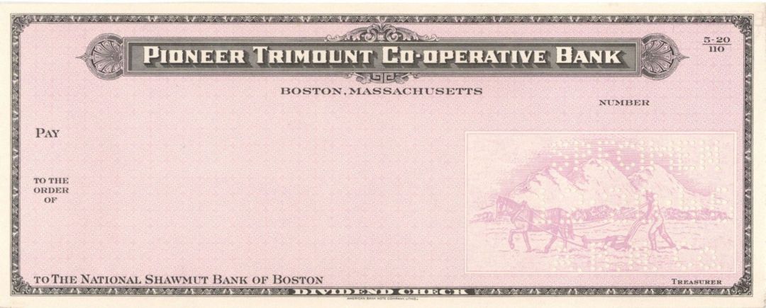 Pioneer Trimount Co-Operative Bank - American Bank Note Company Specimen Checks