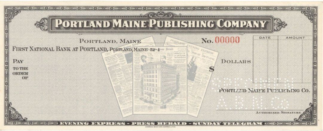 Portland Maine Publishing Co. - American Bank Note Company Specimen Checks