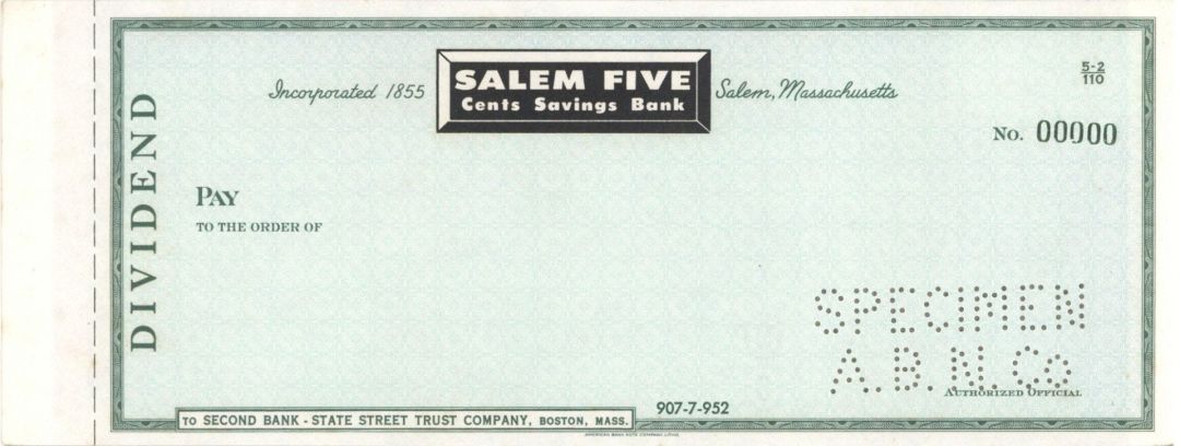 Salem Five Cents Savings Bank - American Bank Note Company Specimen Checks