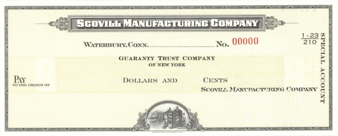 Scovill Manufacturing Co. - American Bank Note Company Specimen Check - Waterbury, Connecticut