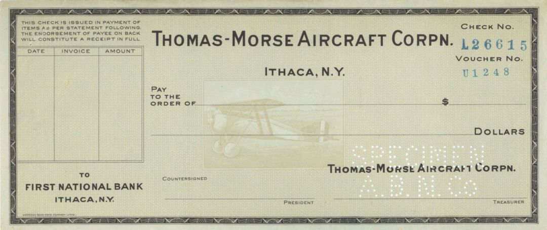 Thomas-Morse Aircraft Corp. - American Bank Note Company Specimen Check